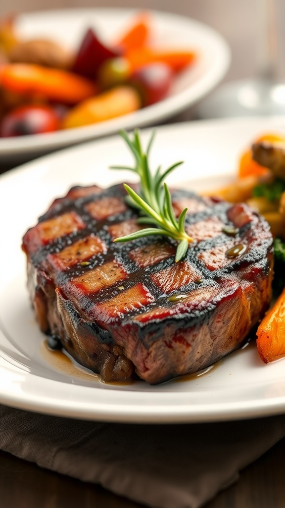 A perfectly cooked filet mignon steak on a white plate with rosemary garnish and roasted vegetables.